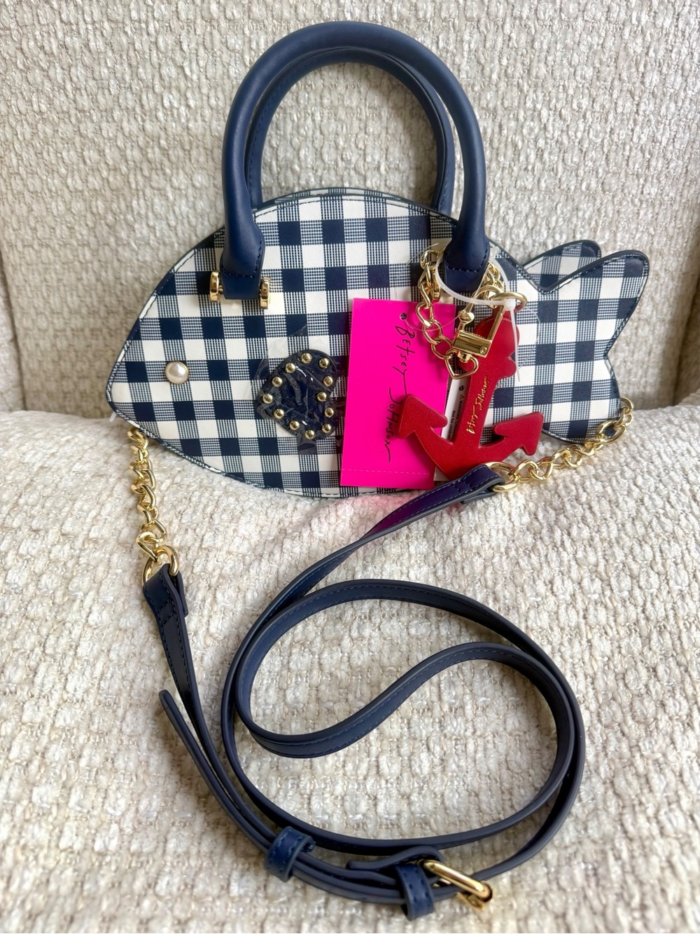 Betsey Johnson XOSEA Gingham Fish Crossbody Handbag Navy Blue Coastal Kitsch NWT